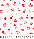 Playful seamless repeat pattern with hand drawn cherries berries and small fruit doodles on a white background. Ideal for fabric wrapping paper stationery packaging wallpaper and digital surface 135247257