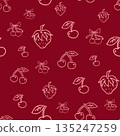 Moody seamless cherry pattern with hand drawn fruit and leaves on a deep red background. Ideal for elegant fabrics wallpaper seasonal packaging fashion prints and rich surface design themes. 135247259