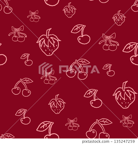 Moody seamless cherry pattern with hand drawn fruit and leaves on a deep red background. Ideal for elegant fabrics wallpaper seasonal packaging fashion prints and rich surface design themes. 135247259