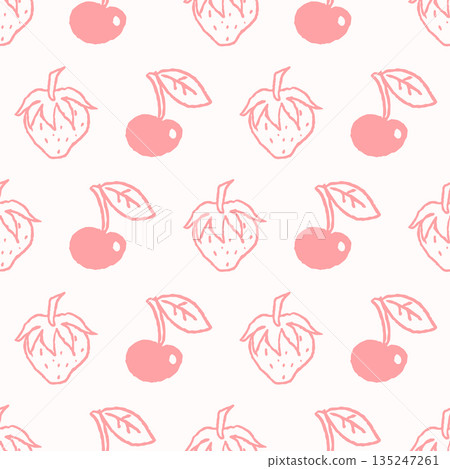 Soft minimalist seamless pattern with cherries and strawberries in a light pink color scheme. Clean and modern style suitable for nursery decor fabric wallpaper digital paper stationery and feminine 135247261