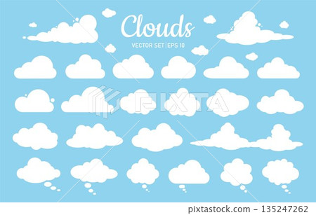 A set of silhouettes of clouds and white speech bubbles of various shapes and sizes on a blue background. 135247262
