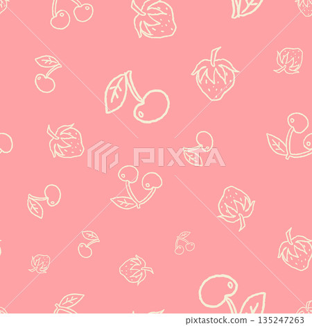 Delicate seamless cherry pattern in soft blush pink tones with light line illustrations. Perfect for romantic stationery fabric wallpaper gift wrap and gentle surface design applications. 135247263