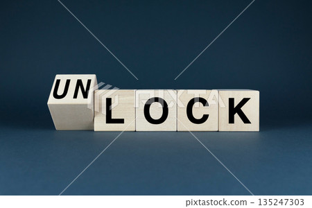 Wooden blocks spelling Lock or Unlock. 135247303