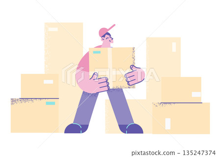 Happy deliveryman hold box deliver package to customer Happy deliveryman hold box deliver package to customer 135247374