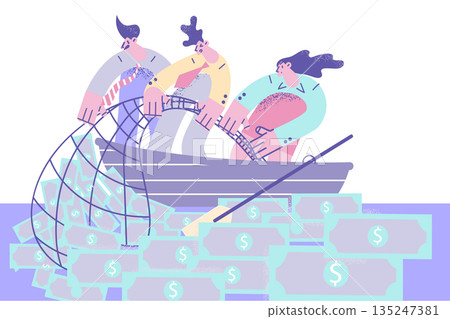 Businesspeople in boat fish for money with net 135247381