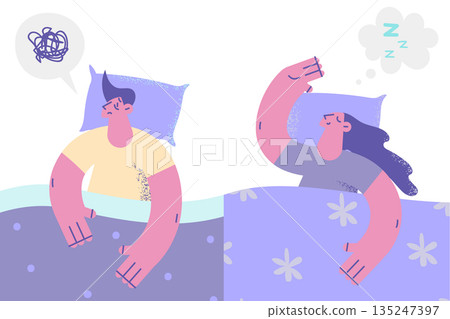 Man and woman in bed have good and bad sleep 135247397
