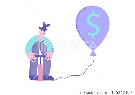 Businessman inflate balloon with dollar sign Businessman inflate balloon with dollar sign 135247399
