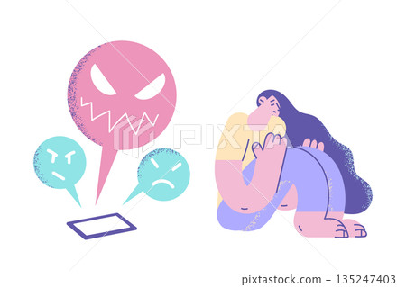 Unhappy woman stressed with cyberbullying on phone Unhappy woman stressed with cyberbullying on phone 135247403