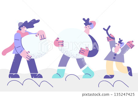 Happy family with child make snowman outdoor Happy family with child make snowman outdoor 135247425