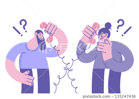 Old man and woman have connection problems talking on phone 135247436