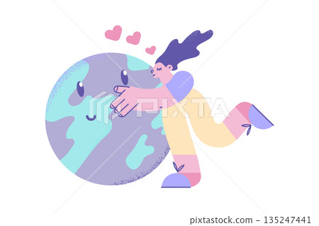 Woman hug kiss planet earth take care of environment 135247441