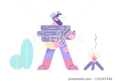 Smiling lumberman hold wood pile for fire setting Smiling lumberman hold wood pile for fire setting 135247448