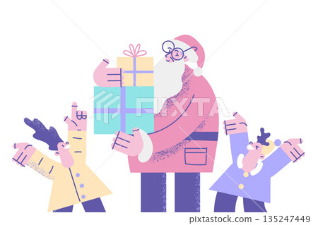 Santa Claus greeting small kids with merry Christmas Santa Claus greeting small kids with merry Christmas 135247449