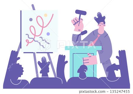 Male auctioneer sell picture at art auction in gallery Male auctioneer sell picture at art auction in gallery 135247455