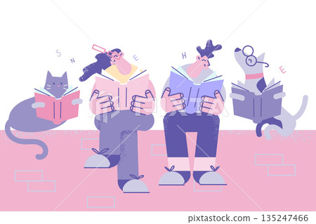 Happy couple with pets enjoy reading books 135247466