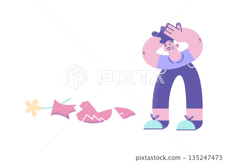 Upset girl cry breaking vase with flowers 135247473