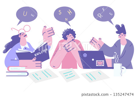 Happy diverse people study together using laptop 135247474