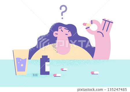 Unsure woman feel doubtful about medicine taking 135247485