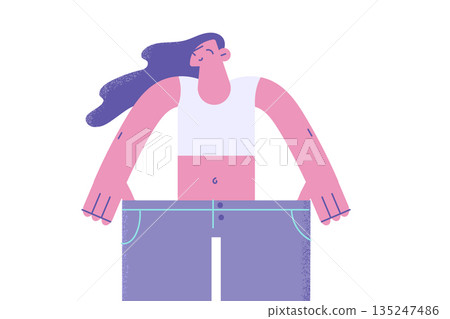 Happy woman demonstrate result of dieting 135247486