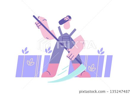 Man reaper cut harvest in field with scythe 135247487