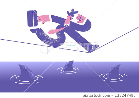 Scared man run on thin rope above sharks Scared man run on thin rope above sharks 135247493