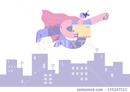 Courier as superhero deliver parcel to client Courier as superhero deliver parcel to client 135247513