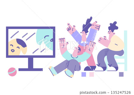 Happy children watch TV at home together 135247526