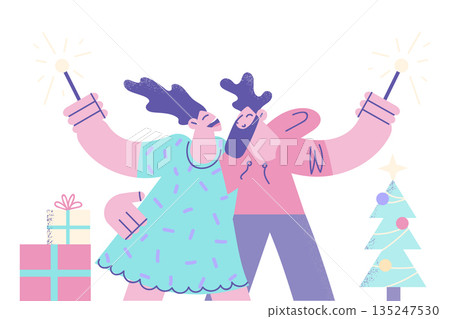 Happy couple lovers hug celebrate New Year 135247530