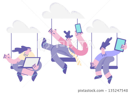 Diverse employees work on gadgets with cloud computing 135247548