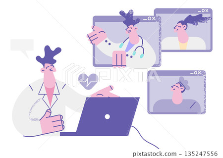 Smiling doctor talk on video call with colleagues Smiling doctor talk on video call with colleagues 135247556