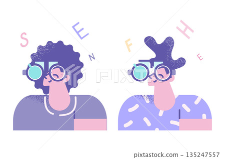 People in glasses check sight in optician cabinet People in glasses check sight in optician cabinet 135247557