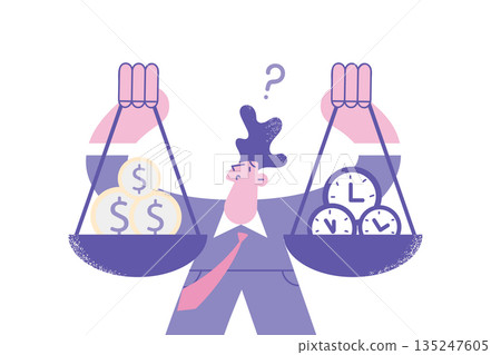 Confused businessman find balance between time and money Confused businessman find balance between time and money 135247605