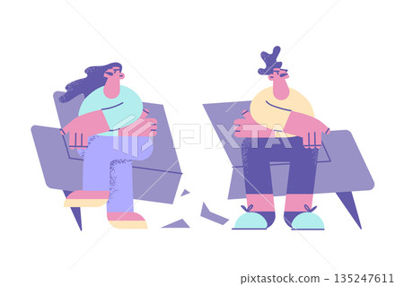 Angry couple sit on broken couch have fight Angry couple sit on broken couch have fight 135247611