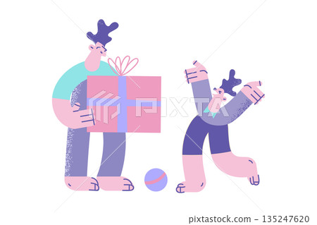 Loving father greeting with gift box excited son Loving father greeting with gift box excited son 135247620