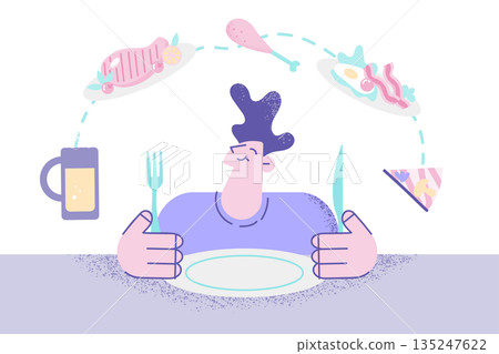 Happy man sit at table think of dish to order Happy man sit at table think of dish to order 135247622