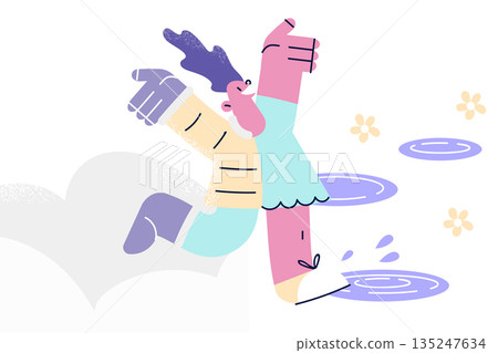 Happy girl in different clothes walk in various seasons 135247634