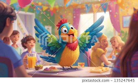 一隻小鳥和朋友們一起享受派對的樂趣 135247645