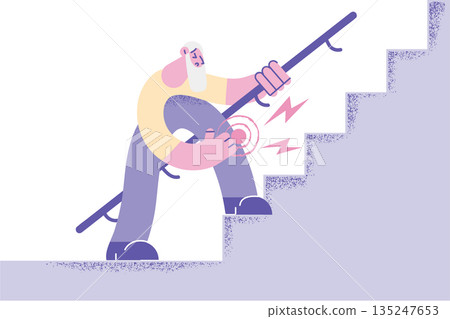 Unhealthy older man walk upstairs suffer from knee pain 135247653