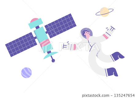 Spaceman in costumer with satellite in open space 135247654