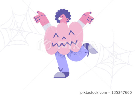 Happy ethnic kid in pumpkin costume celebrate Halloween 135247660