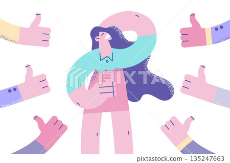 Diverse people show thumbs up to glamorous woman 135247663