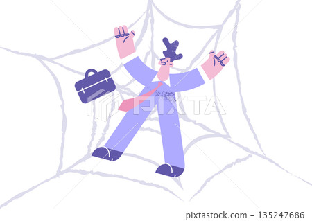 Unhappy businessman trapped in spider web network Unhappy businessman trapped in spider web network 135247686