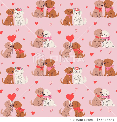 Cute Valentines Day Dog Pattern with Hearts and Puppies 135247724