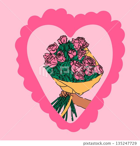 Hand Holding a Bouquet of Pink Roses in a Heart Frame 135247729