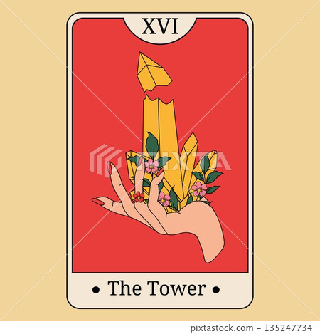 The Tower Tarot Card with Crystals and Floral Elements The Tower Tarot Card with Crystals and Floral Elements 135247734