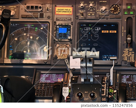 aircraft cockpit essentials, professional aviation environment with illuminated instruments aircraft cockpit essentials, professional aviation environment with illuminated instruments 135247856