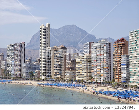 Bustling coastal scene, Active seaside with sunbathers Bustling coastal scene, Active seaside with sunbathers 135247943