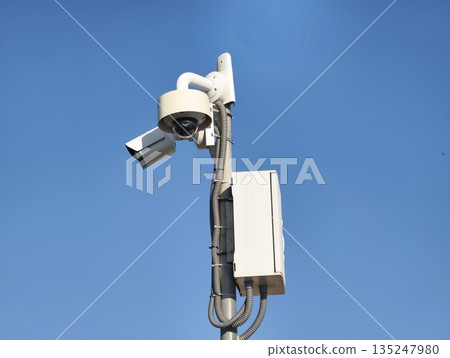 dual surveillance cameras on street pole for retail security dual surveillance cameras on street pole for retail security 135247980