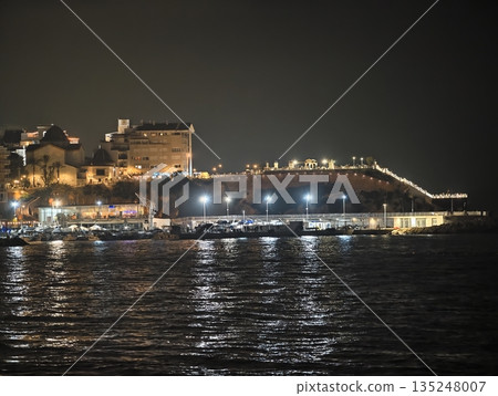 Illuminated harbor bridge and historic fortress at night Illuminated harbor bridge and historic fortress at night 135248007