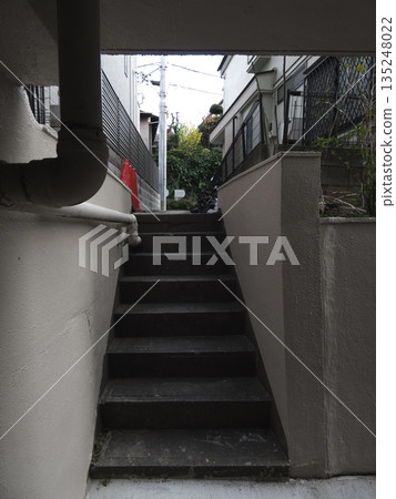 A concrete staircase tucked away between urban buildings. A hidden, everyday scene leading to a quiet alley. 135248022